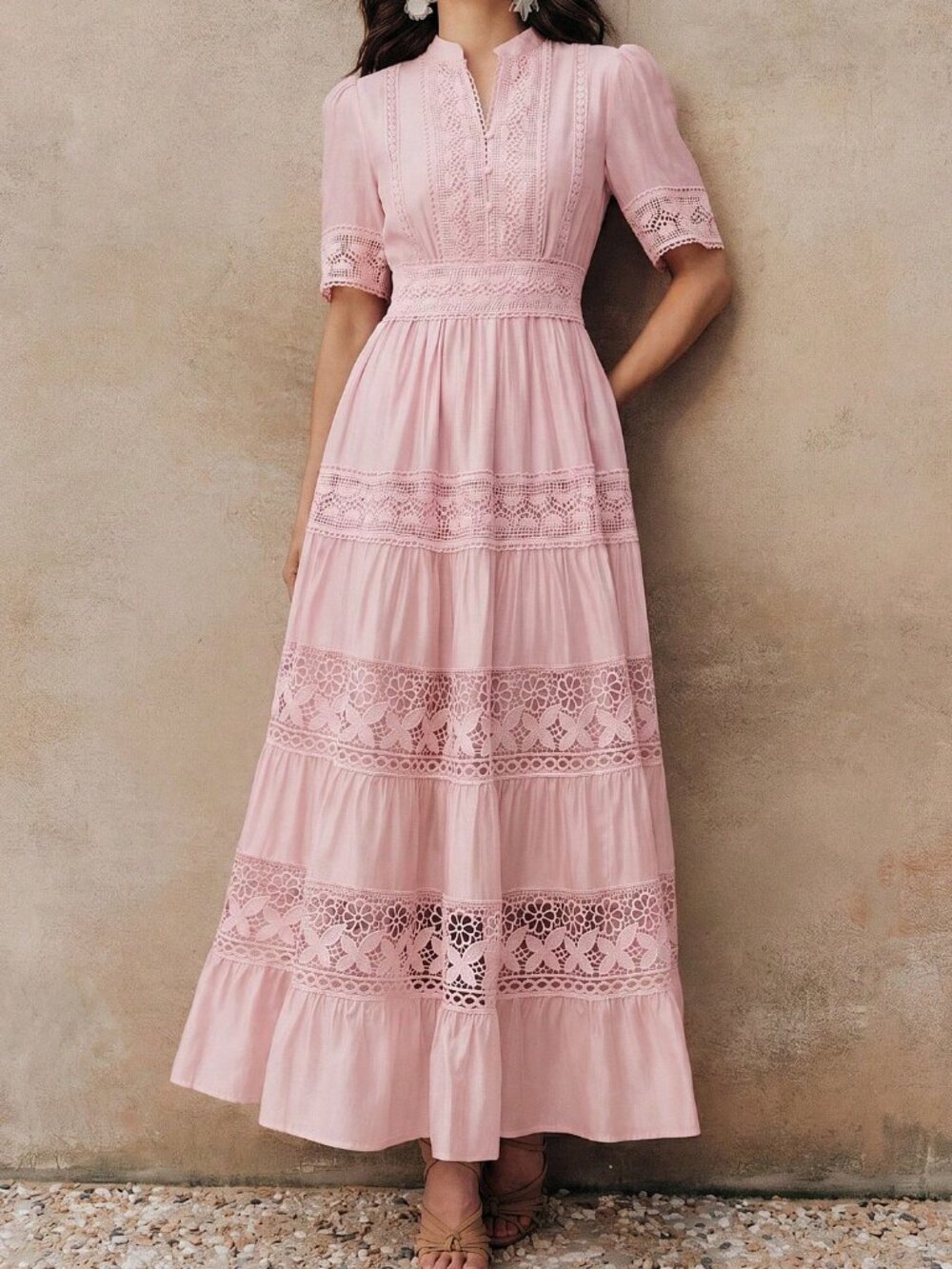 Dusty Pink Boho Women's Lace Crochet Short Sleeve Flared Dress - Picture 6 of 7
